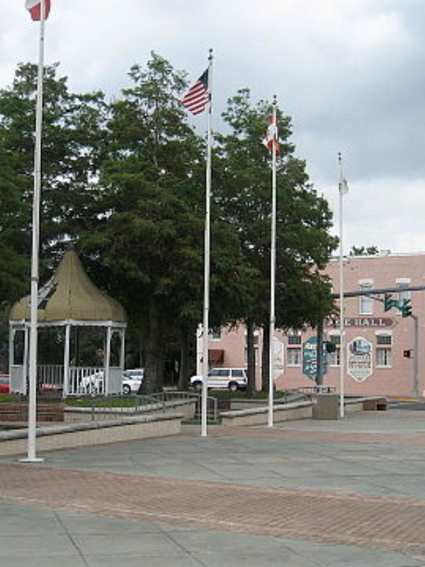 A gazebo is in the middle of a park with flags in front of it