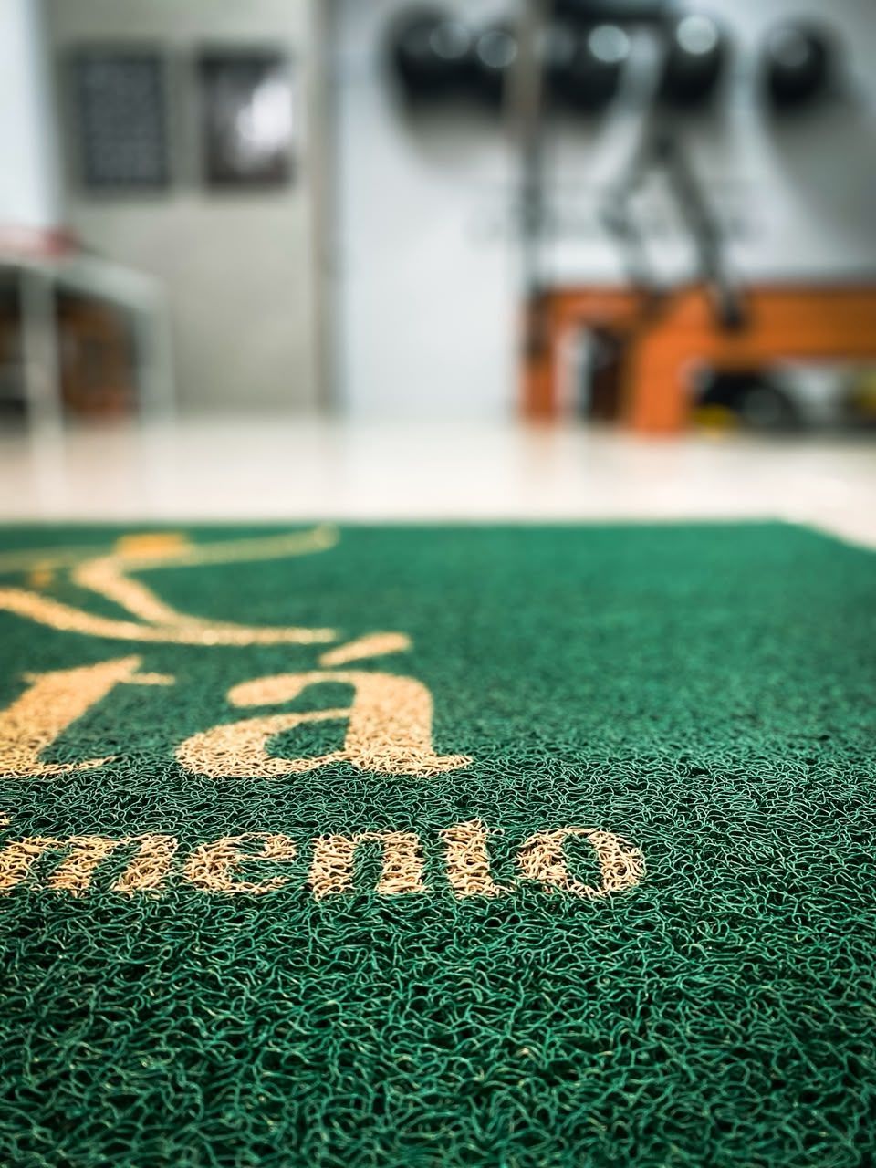 Capacho de vinil personalizado com logo de empresa instalado na entrada de um ambiente comercial.