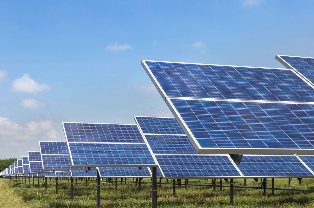 A Row Of Solar Panels In A Field With A Blue Sky In The Background — Trusted Energy Solutions In Everton Hills, QLD
