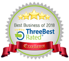 Best Business of 2018 ThreeBest Rated Excellence badge with gold stars and red ribbon