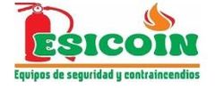 Logotipo para una empresa de equipos de seguridad, con un ícono de extintor, un ícono de llama y texto verde sobre una línea marrón.