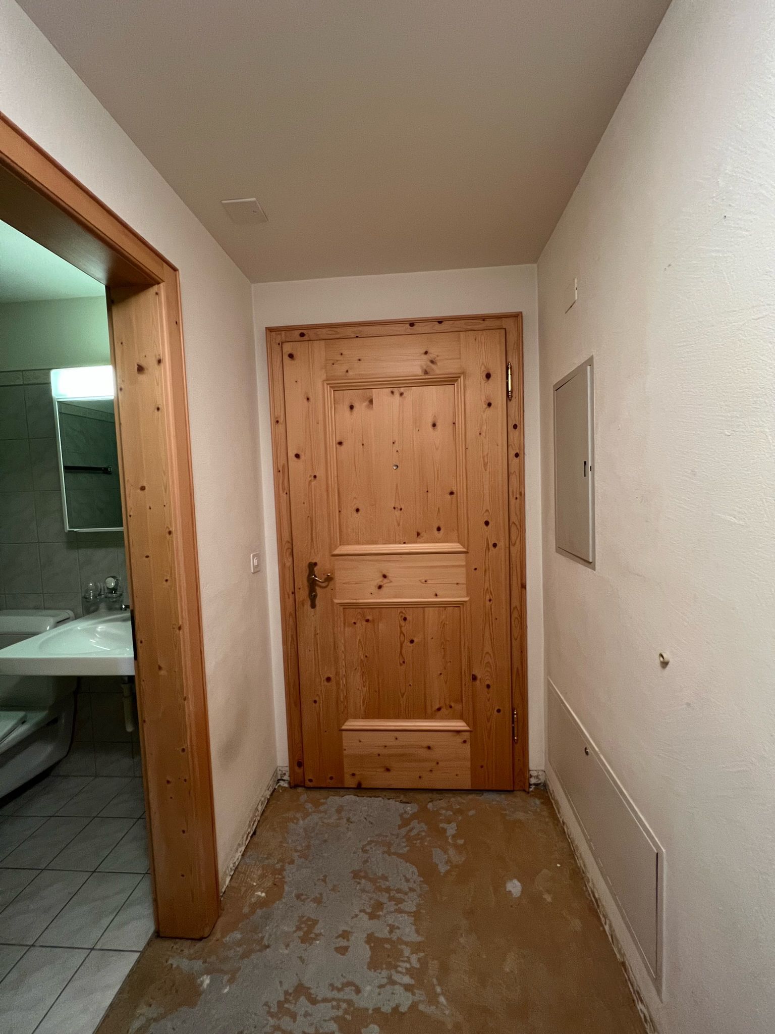 Ein Flur mit einer Holztür, die zu einem Badezimmer führt