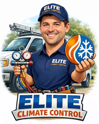 Happy HVAC technician holding gauges and an Elite Climate Control logo in blue-orange branding