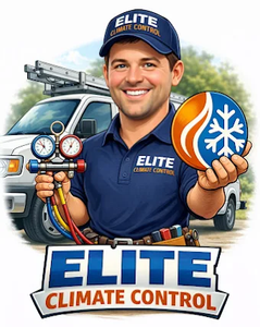 Happy HVAC technician holding gauges and an Elite Climate Control logo in blue-orange branding