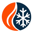 Orange and navy circular logo with a white snowflake and flame design
