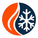 Orange and navy circular logo with a white snowflake and flame design