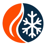 Orange and navy circular logo with a white snowflake and flame design