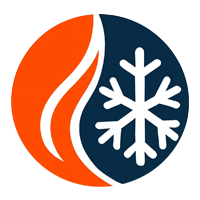 Orange and navy circular logo with a white snowflake and flame design