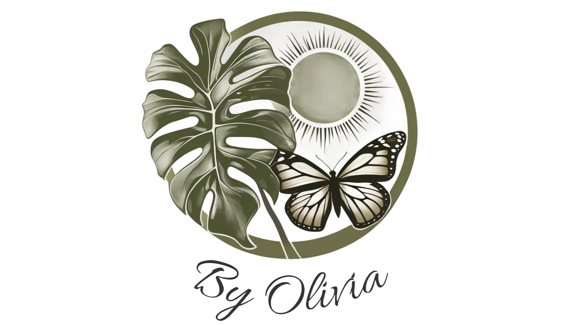 Olive green logo: tropical leaf, sun, butterfly, circle frame, and 