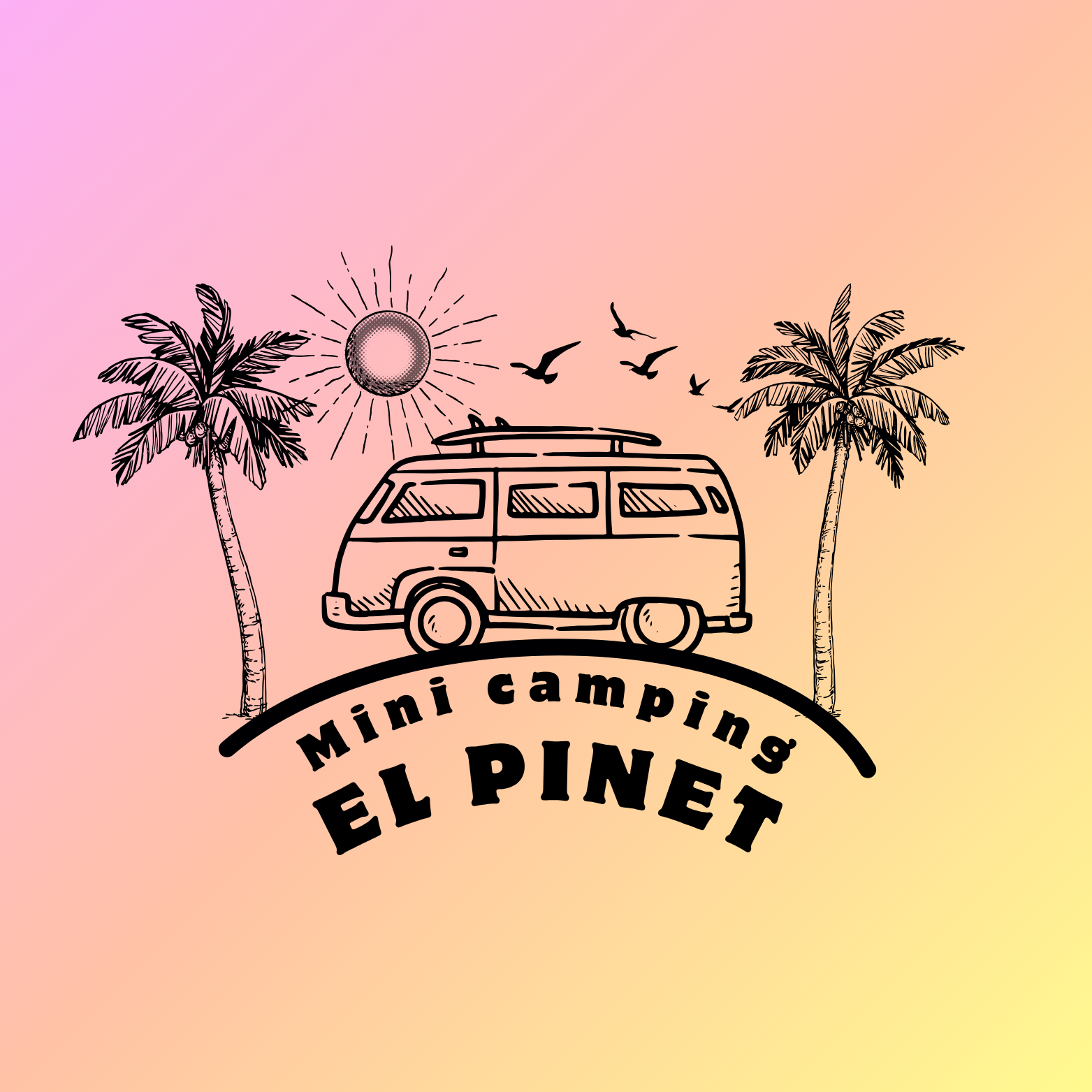 Van with surfboard, palm trees, sun, birds. 