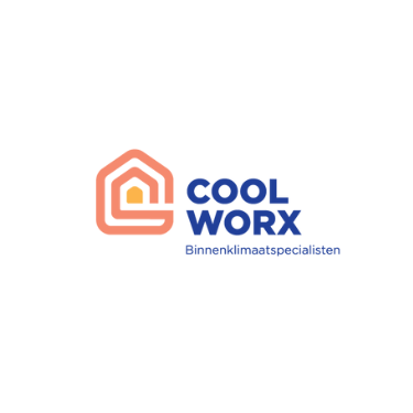 Logo for Cool Worx, indoor climate specialists. Features a stylized house icon in coral and orange, with blue text.