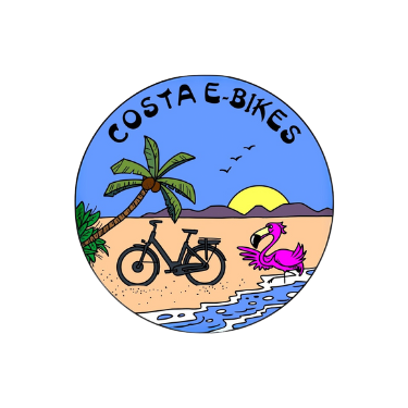 Costa E-Bikes logo: Black e-bike, pink flamingo, and palm tree on a beach with a sunset.