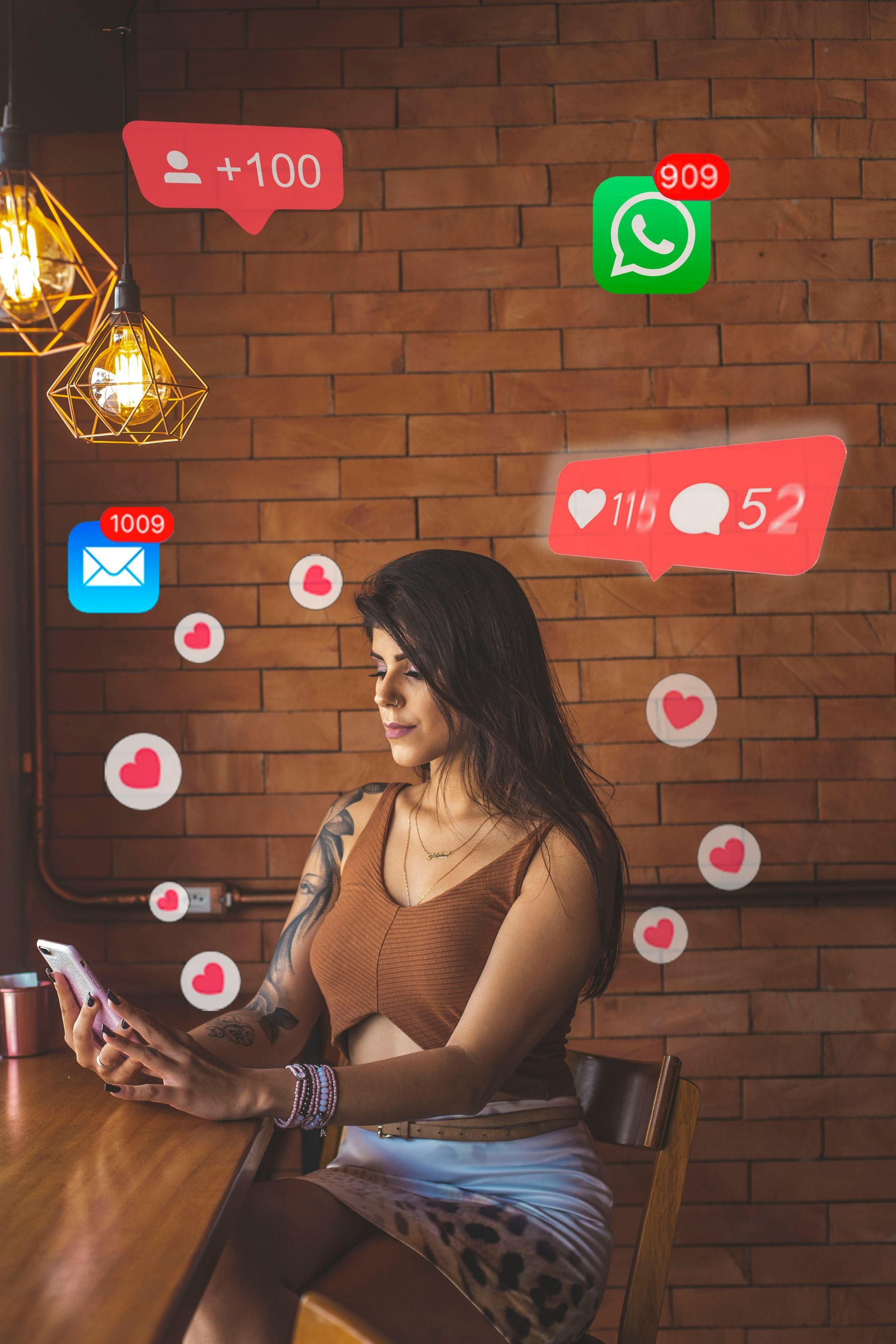 Woman using phone, surrounded by social media notification icons, seated in a cafe.