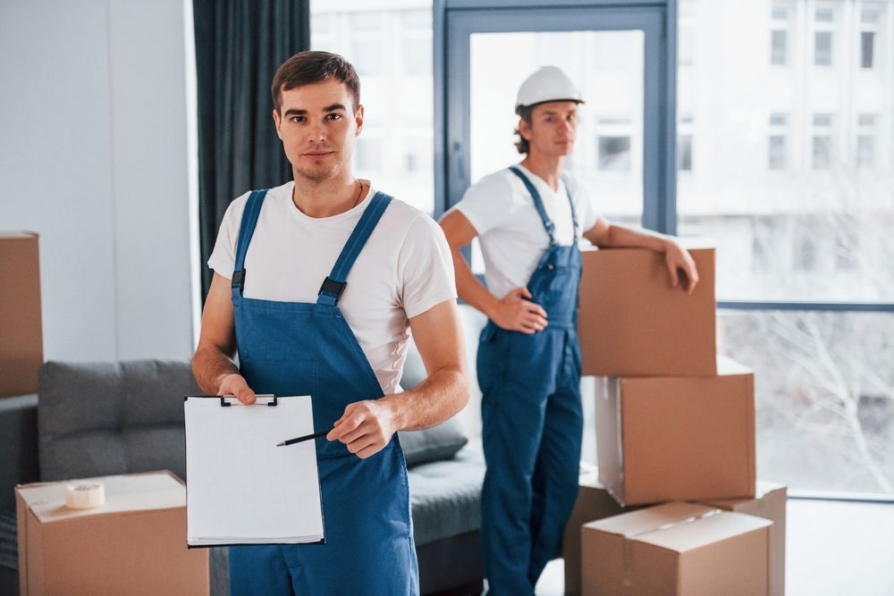 Two Movers in Blue Overalls, One Holding Clipboard, Standing in Room With Boxes — Ocean Grove Removals In Warrnambool, VIC