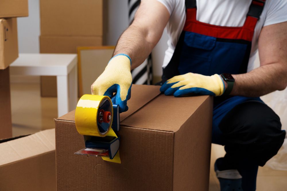 A Man is Taping a Cardboard Box With Yellow Tape — Ocean Grove Removals In Whittington, VIC