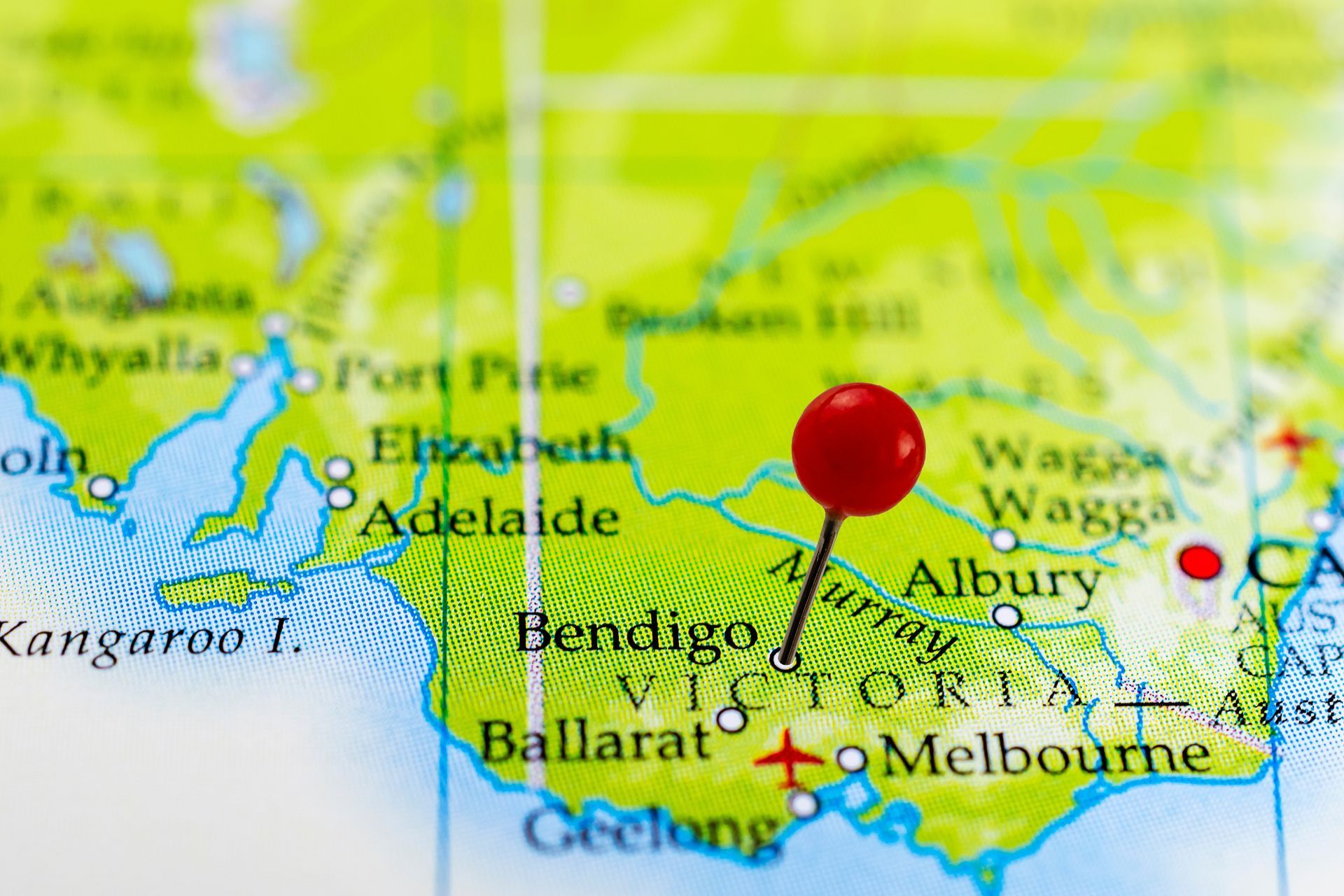 Map of Victoria, Australia, With a Red Pin Marking a Location Near Bendigo — Ocean Grove Removals In Bendigo, VIC