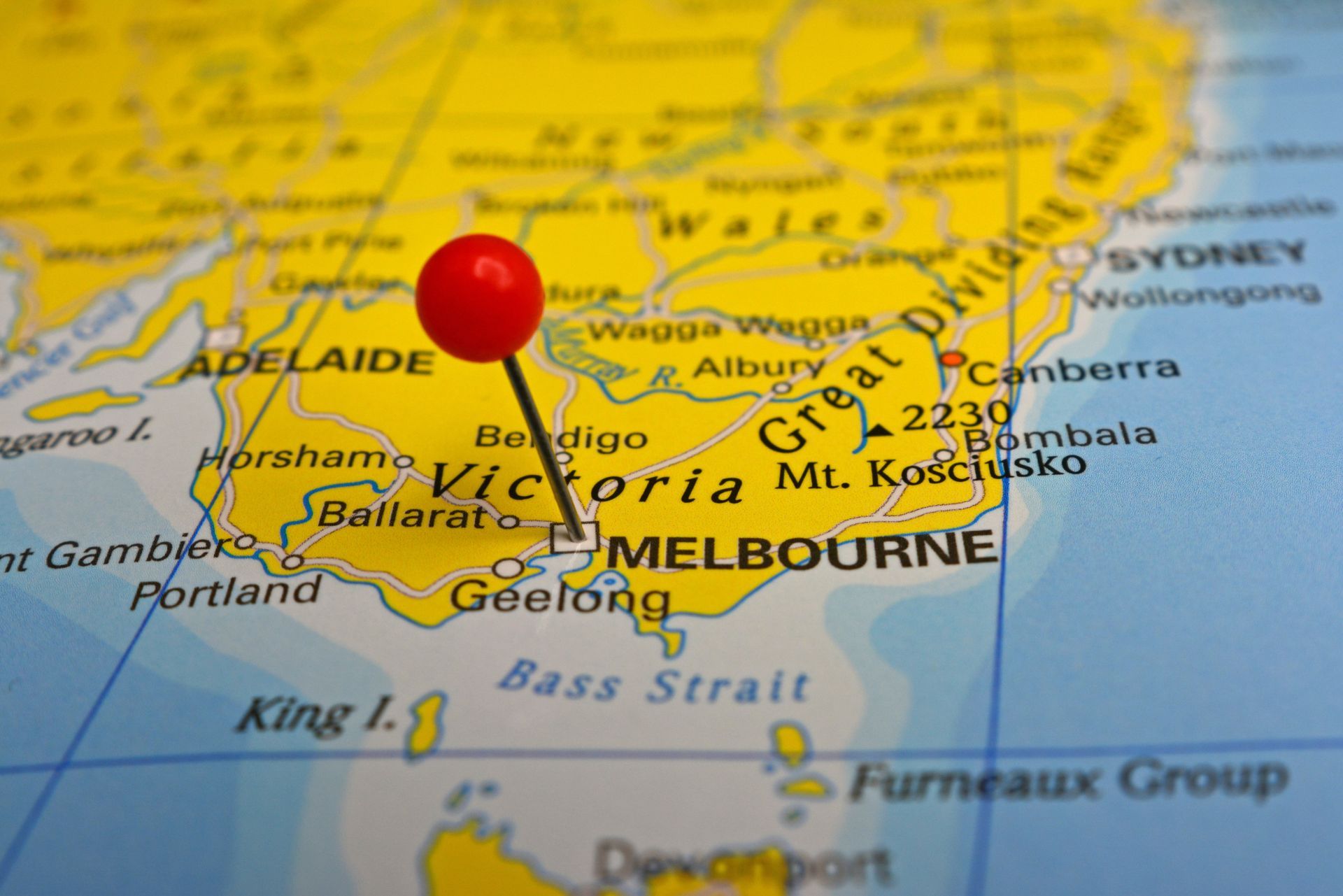 Map of Australia With a Red Pin in Melbourne, Victoria — Ocean Grove Removals In Melbourne, VIC