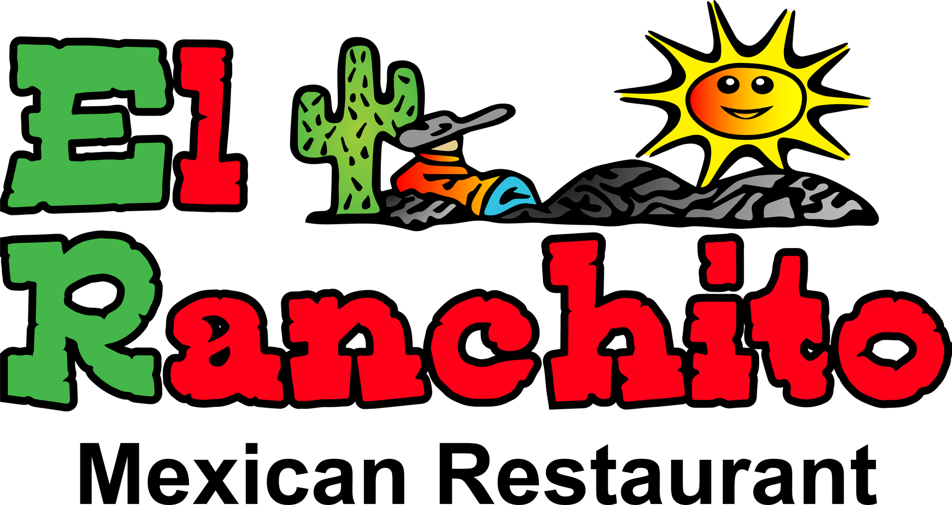 El Ranchito Mexican Restaurant logo with cactus, sun, and mountains in green, red, yellow, and black