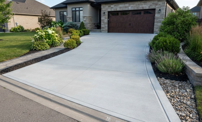 Wide concrete driveway leading to a stone house with a dark garage door and landscaped garden beds