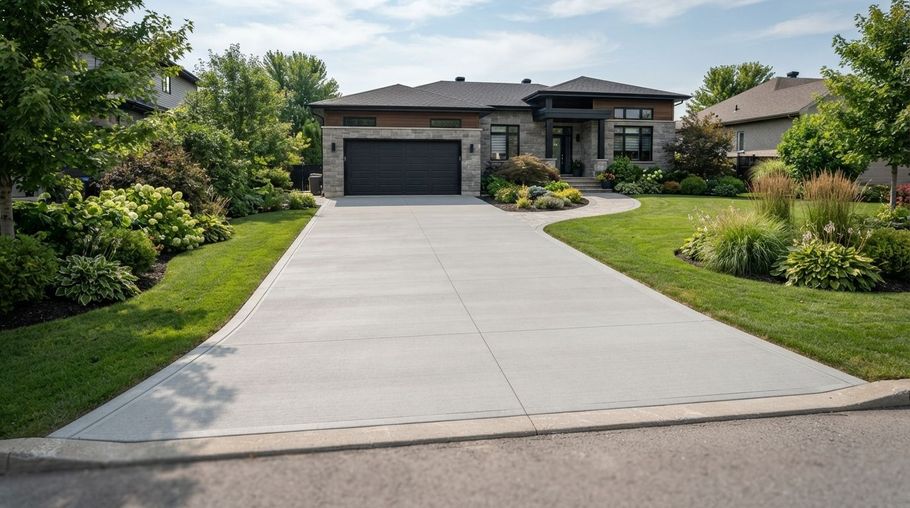 Modern suburban house with a wide concrete driveway, green lawn, and landscaped front yard