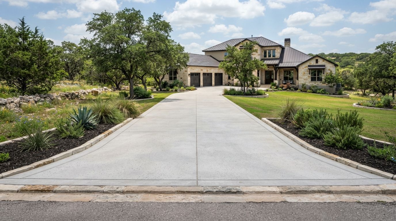 Wide concrete driveway leading to a large house with landscaped front yard and trees under a partly cloudy sky