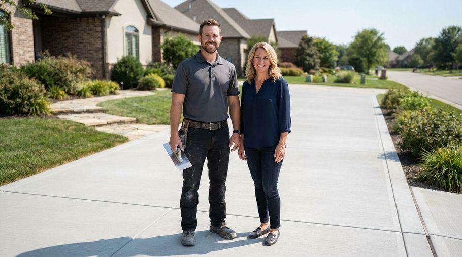 Two people stand on a suburban driveway in front of a house, smiling at the camera.