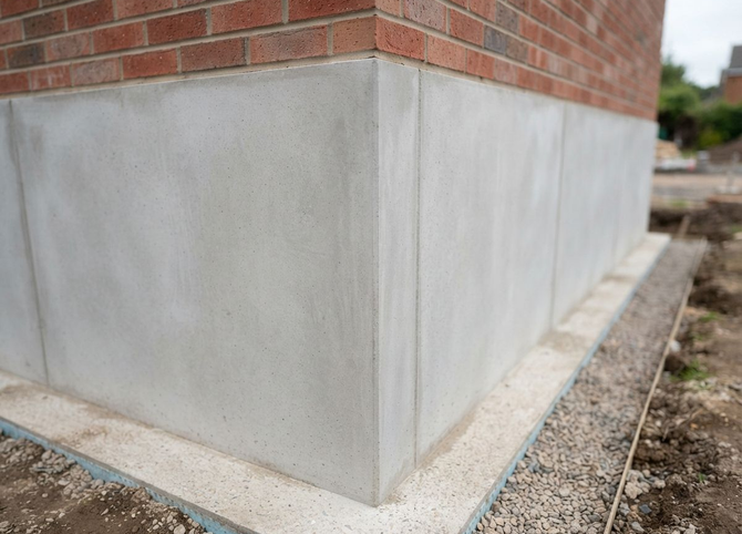 Concrete foundation wall below red brick siding on a building corner