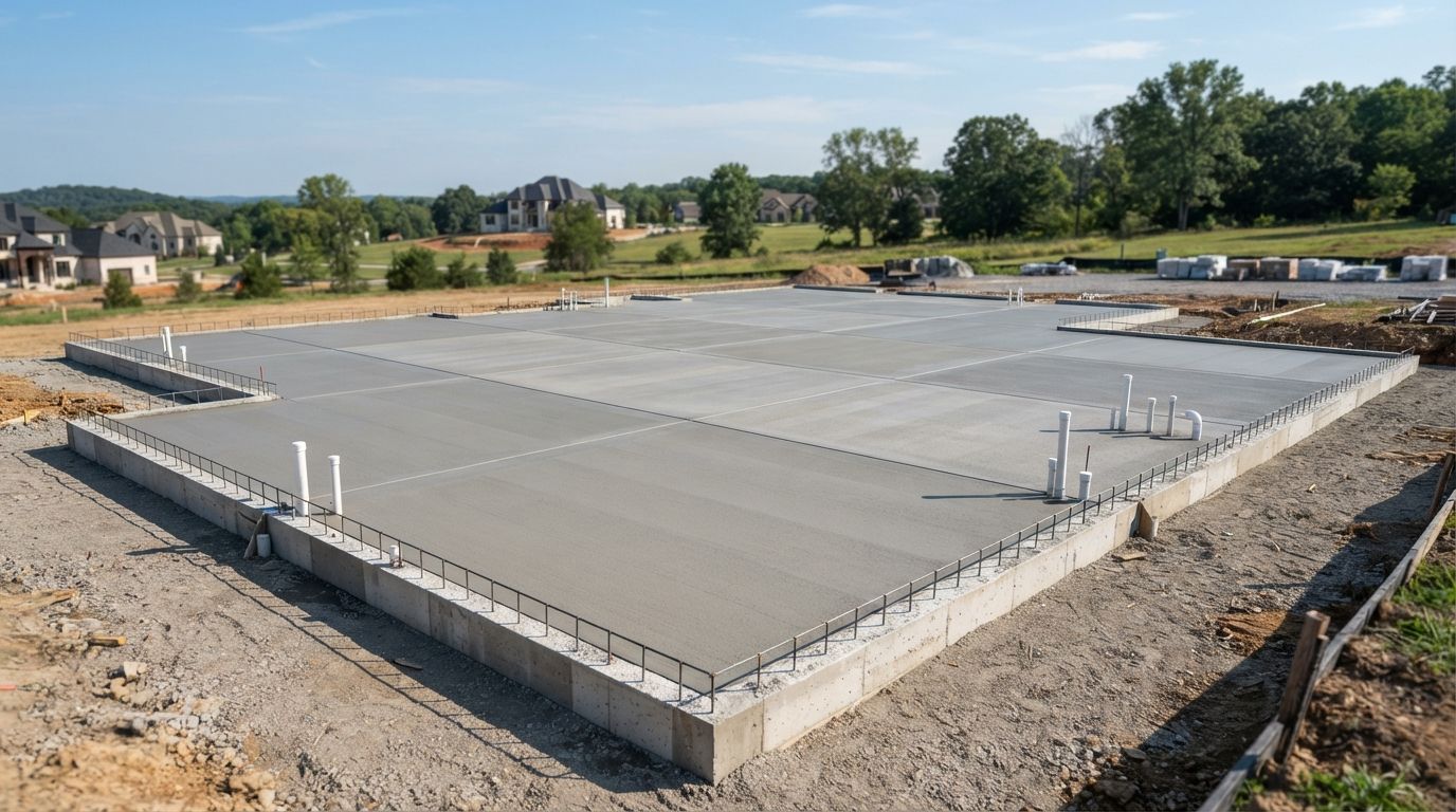 Concrete foundation slab at a construction site, surrounded by gravel and rebar stubs under a clear sky