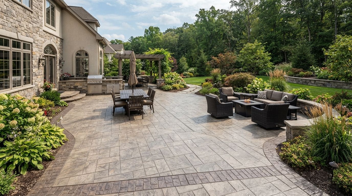 Stone patio with outdoor seating beside a house, surrounded by lush garden landscaping.