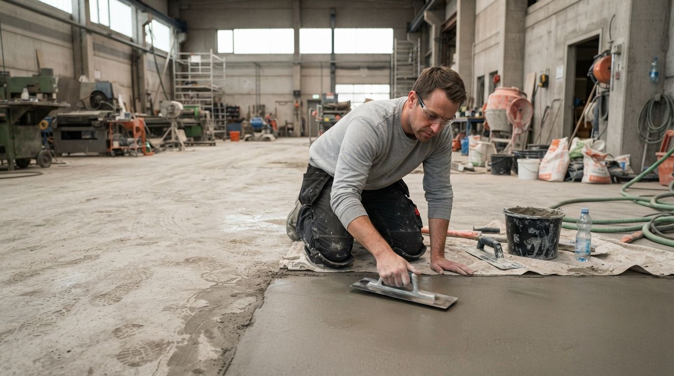 Worker smoothing wet concrete in a large industrial workshop with tools and equipment in the background