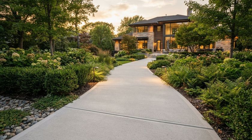 Curved concrete path leading to a modern house at sunset, surrounded by green shrubs and trees