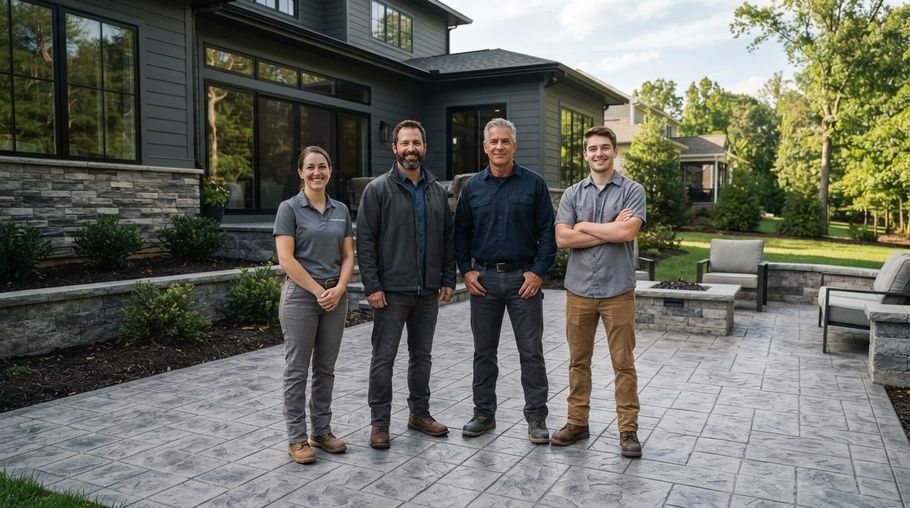 Four people stand together on a stone patio beside a modern house and landscaped yard.