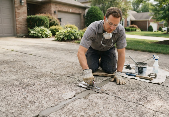 Worker kneeling on a driveway, applying sealant to a crack with tools and supplies nearby.