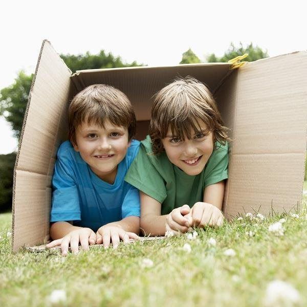 Two children in a cardboard box on grass, smiling. One wears blue, the other green.