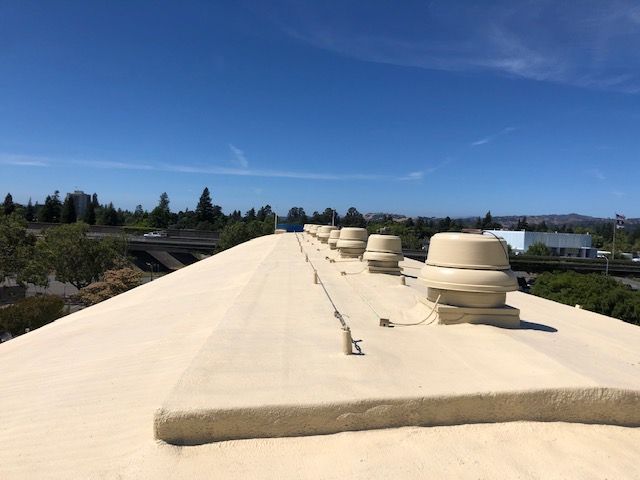 The roof of a building with a lot of chimneys on it
