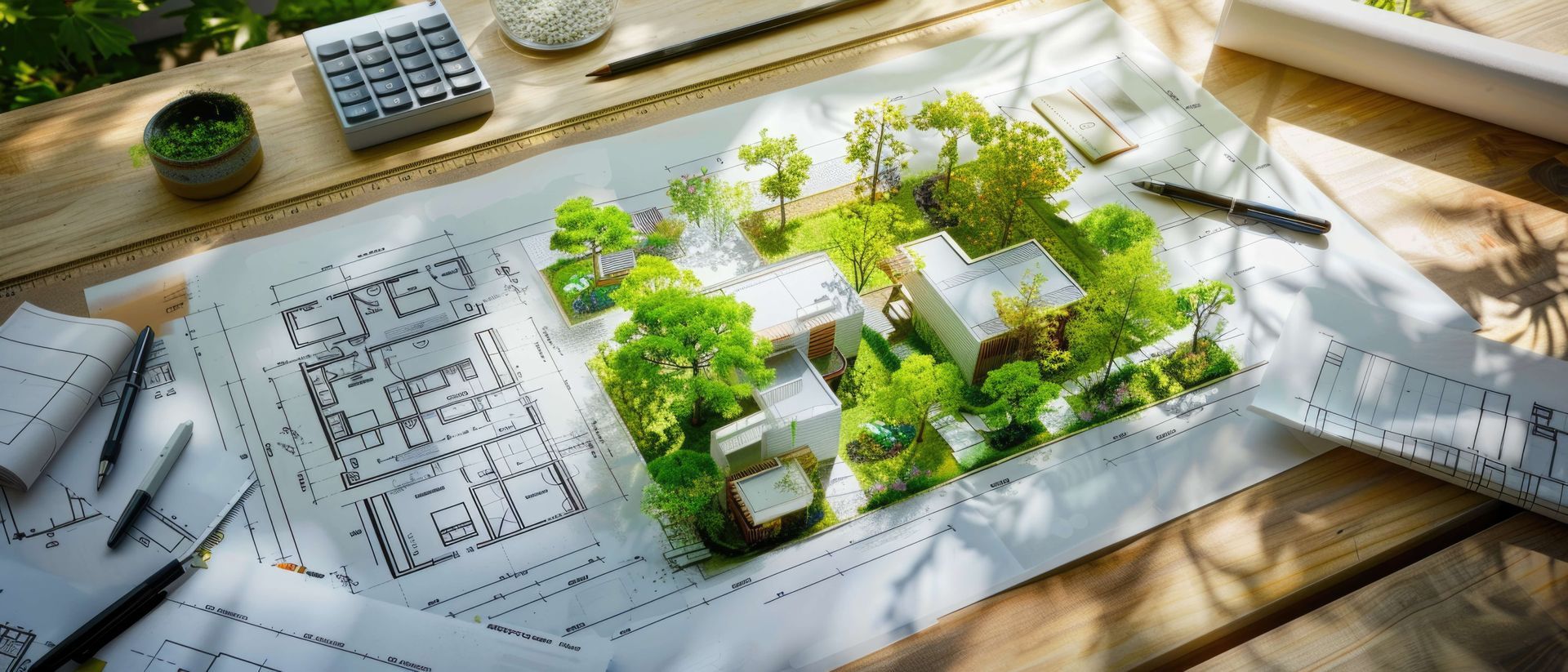 Un dessin d'une maison avec des arbres et une calculatrice sur une table en bois.