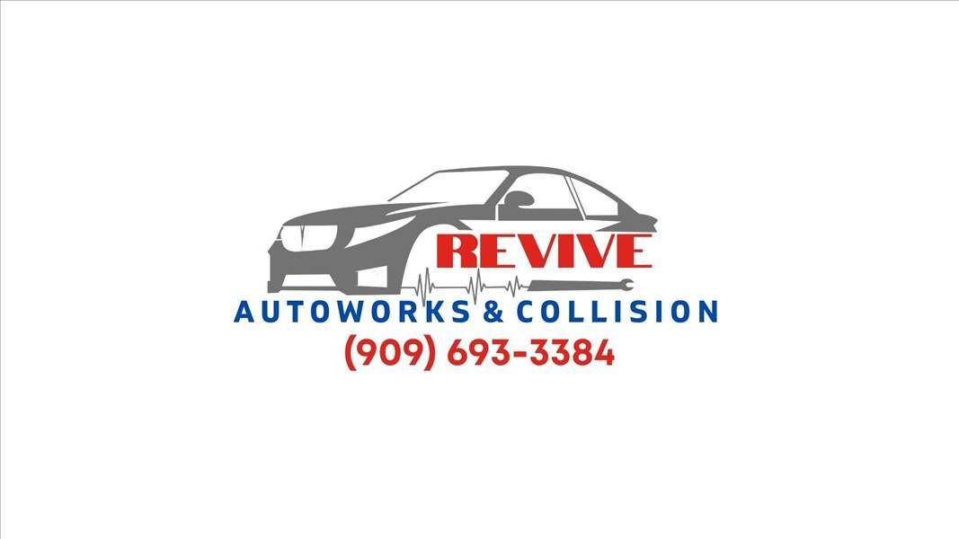 Reve AutoWorks & Collision logo with gray car outline and red-blue text, plus phone number (909) 693-3384
