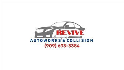 Reve AutoWorks & Collision logo with gray car outline and red-blue text, plus phone number (909) 693-3384