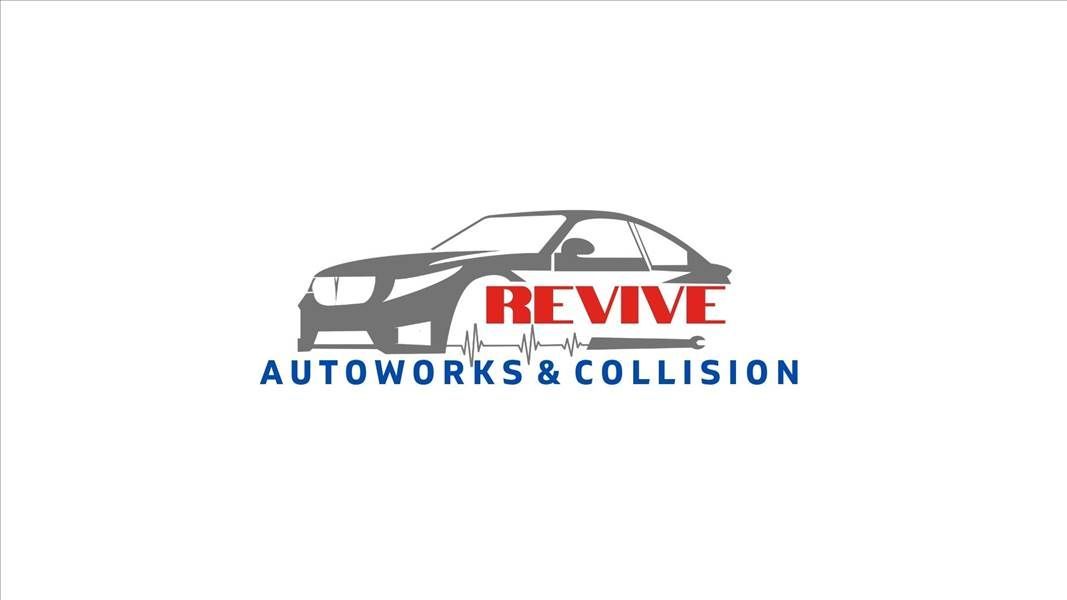 Reve AutoWorks & Collision logo with gray car outline and red-blue text, plus phone number (909) 693-3384