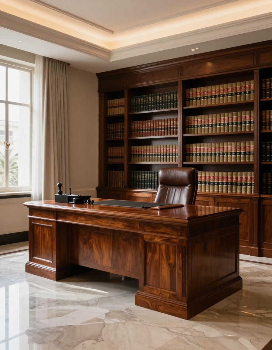 Elegante despacho con paneles de madera, un gran escritorio, una silla de cuero y una pared de estanterías.