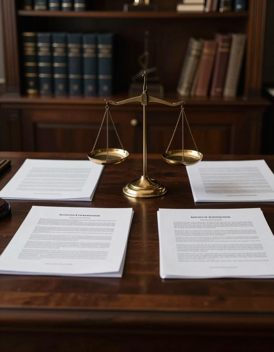 Documentos legales sobre una mesa de madera con una balanza de la justicia de latón en un entorno de biblioteca.