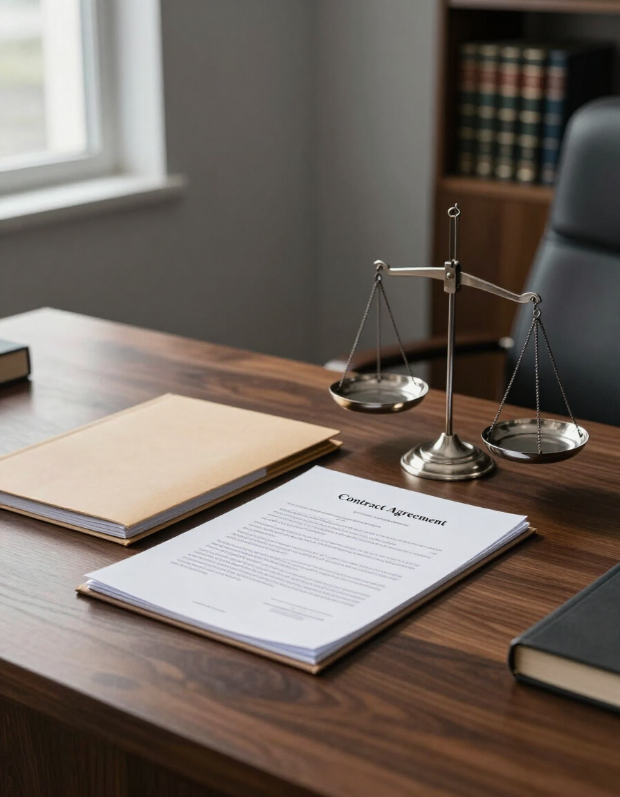 Escritorio de bufete de abogados con documentos legales, una balanza de la justicia y una silla de cuero.