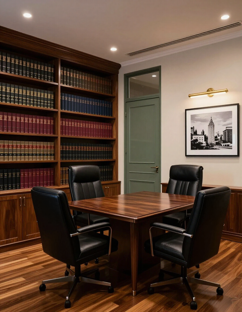 Elegante sala de conferencias con mesa de madera oscura, sillas negras, estanterías y cuadros enmarcados en las paredes.