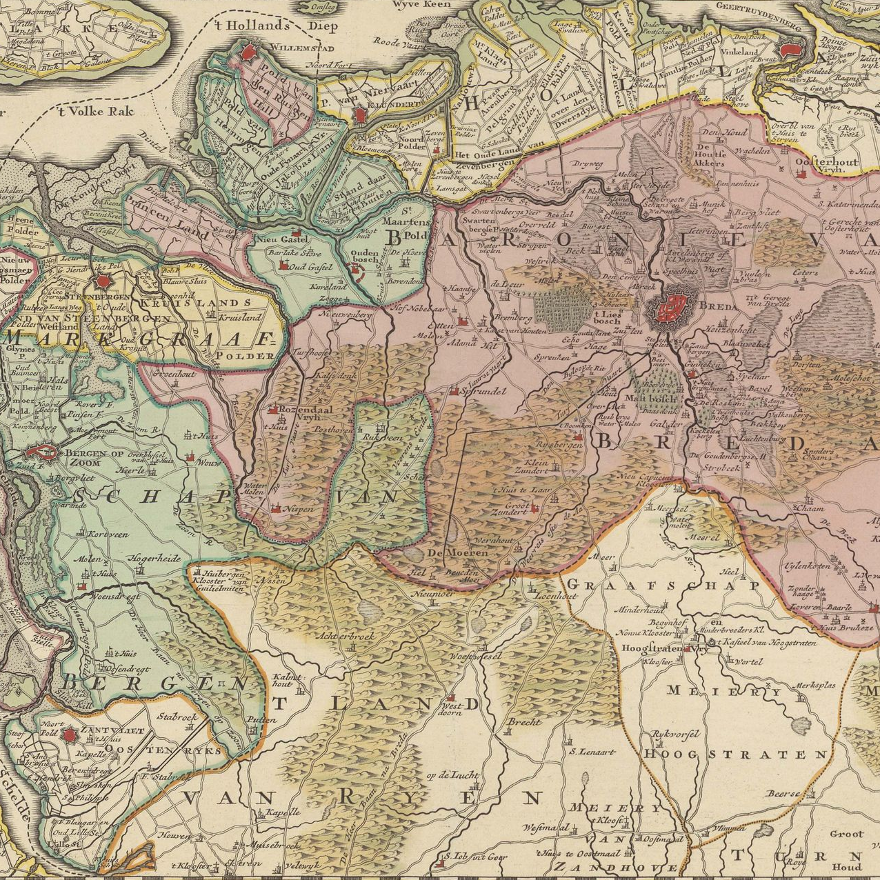 Fragment van een antieke kaart met gekleurde vlakken, waarop land en water zijn afgebeeld.