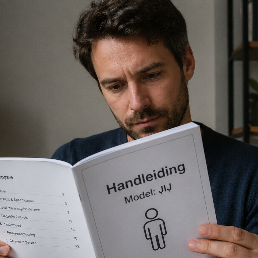 Man reading a Dutch manual titled “Handleiding Model JIJ” and studying its pages
