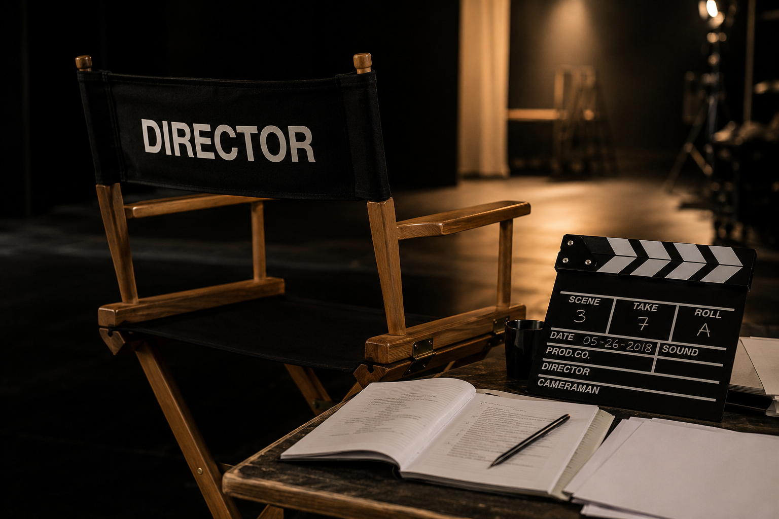 De regisseursstoel naast het clapperboard en het script op een schemerig verlichte filmset.