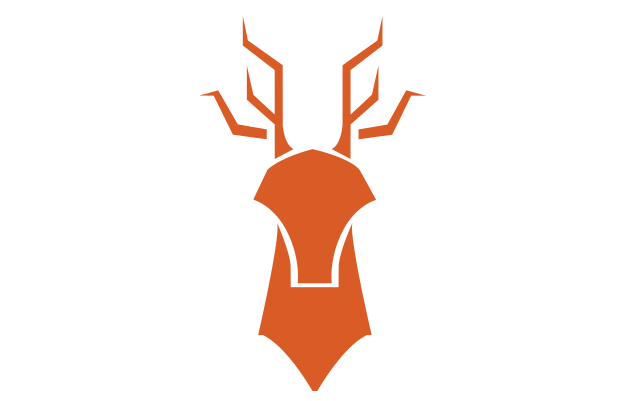 Een gestileerde oranje hertenkop op een witte achtergrond.