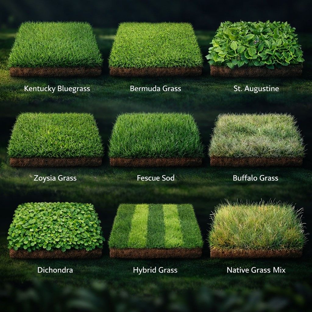 Nine grass varieties, each in a square, labeled: Kentucky, Bermuda, St. Augustine, Zoysia, Fescue, Buffalo, Dichondra, Hybrid, Native.