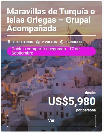 Anuncio de viaje a Turquía y las islas griegas, con un atardecer púrpura de fondo, 5980 dólares estadounidenses por persona, 15 noches.