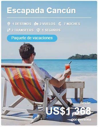Anuncio de viaje a Cancún con una persona en silla de playa frente al mar y precio desde US$1,368.